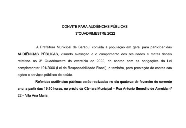 CONVITE PARA AUDIÊNCIAS PÚBLICAS - 3º QUADRIMESTRE