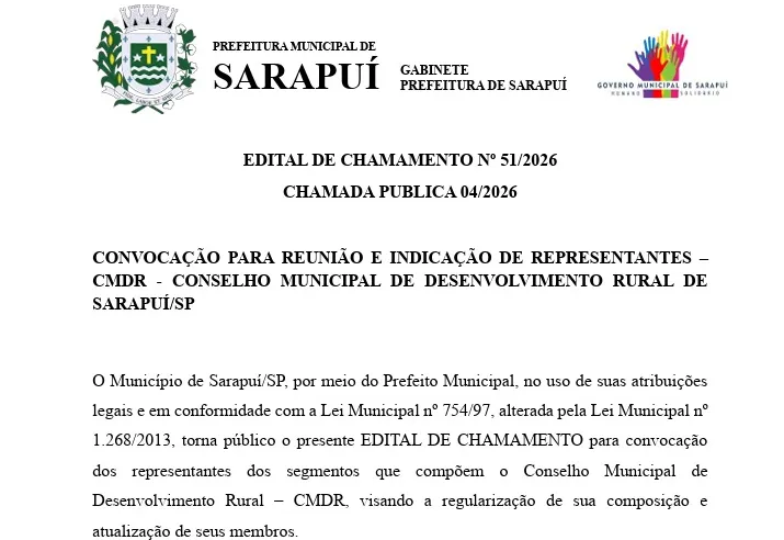CONVOCAÇÃO PARA REUNIÃO E INDICAÇÃO DE REPRESENTANTES – CMDR - CONSELHO MUNICIPAL DE DESENVOLVIMENTO RURAL DE SARAPUÍ/SP