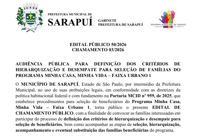 AUDIÊNCIA PÚBLICA PARA DEFINIÇÃO DOS CRITÉRIOS DE HIERARQUIZAÇÃO E DESEMPATE PARA SELEÇÃO DE FAMÍLIAS DO PROGRAMA MINHA CASA, MINHA VIDA – FAIXA URBANO 1 