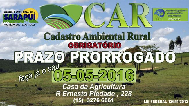 CADASTRO AMBIENTAL RURAL -CAR  prorrogação do prazo para cadastramento